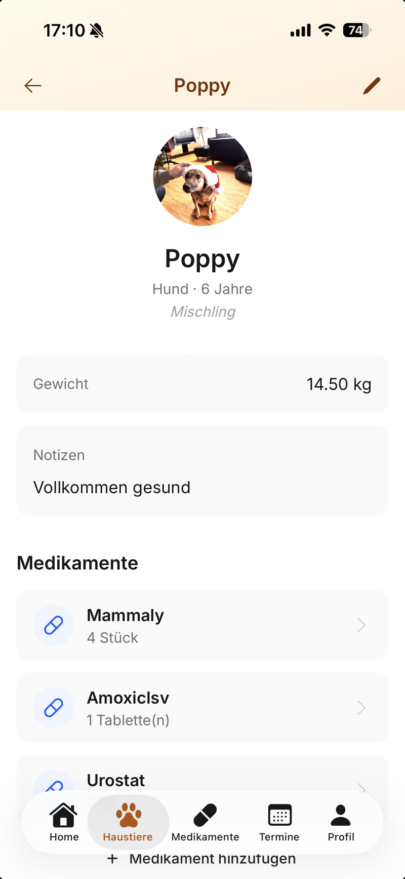 PetMediq App – Haustierprofil mit Gewicht, Notizen und Medikamenten